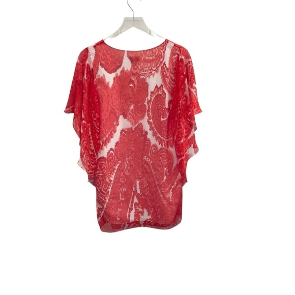 Milly Silk Coral and White Swim Coverup with V-Neck and Flutter Sleeves Size 4 - Picture 9 of 12